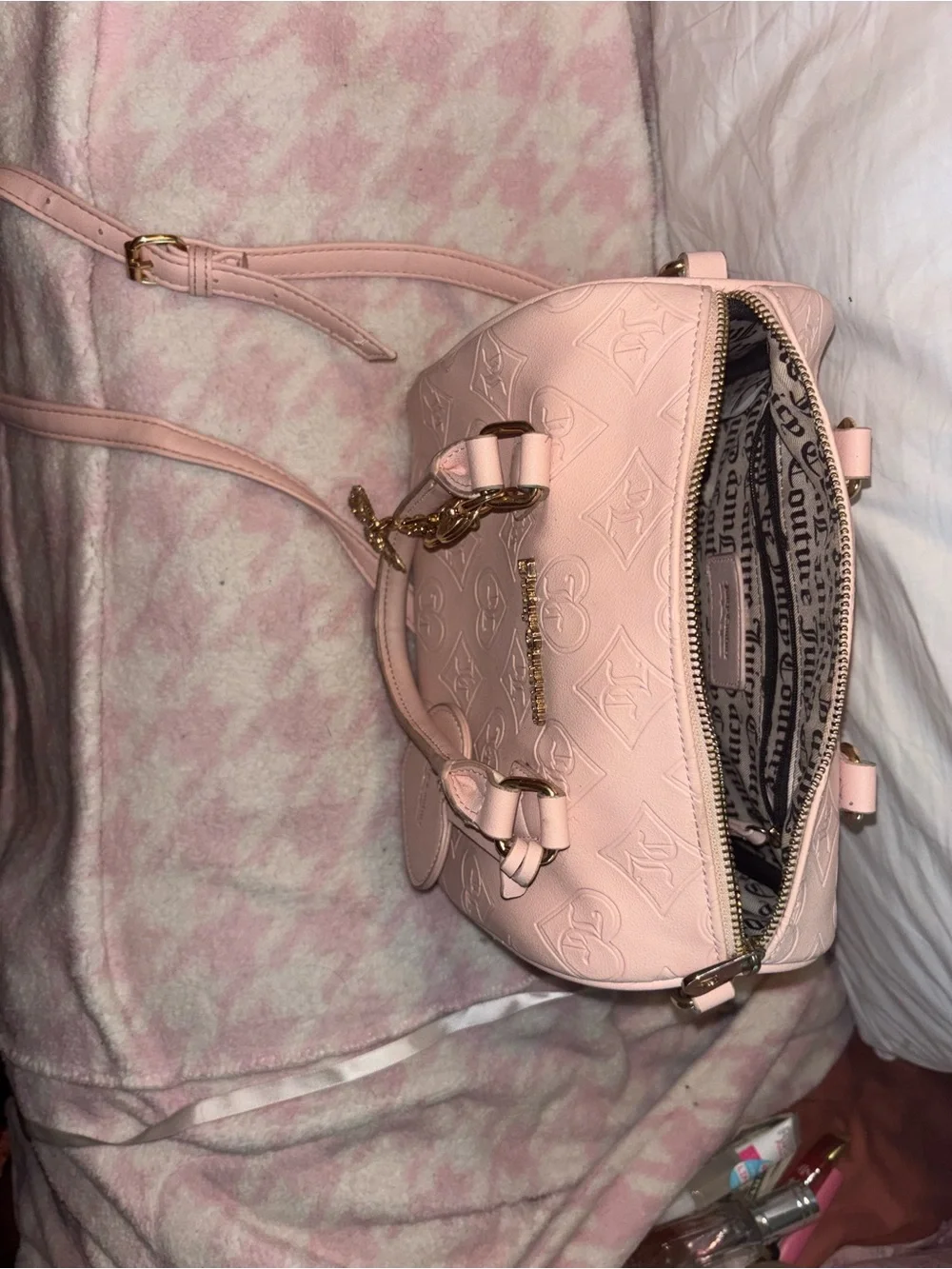 Juicy Couture Blush Pink Embossed Heart Charm Tote with Gold Hardware